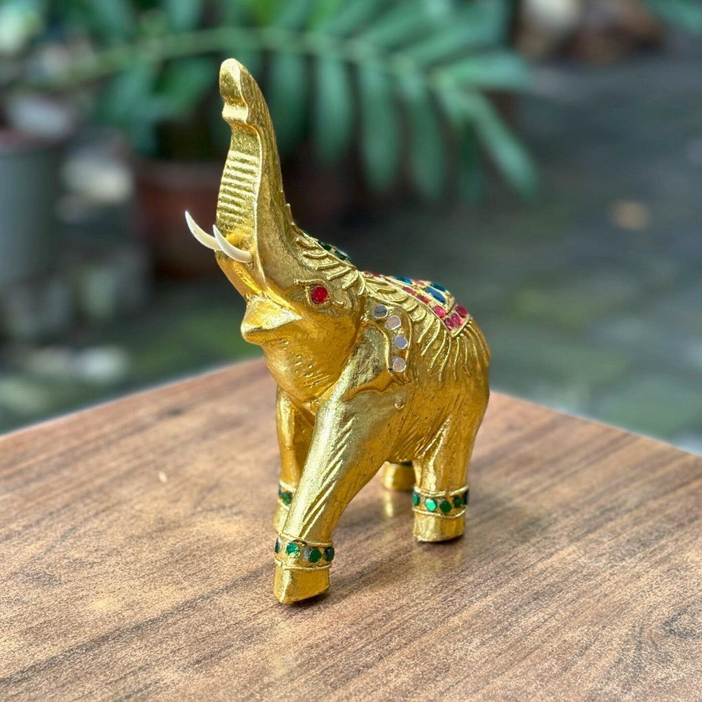Golden Elephant Figurine, Thai Handcrafted Decor: Jeweled Lucky Elephant Statue, Cultural Home Accent