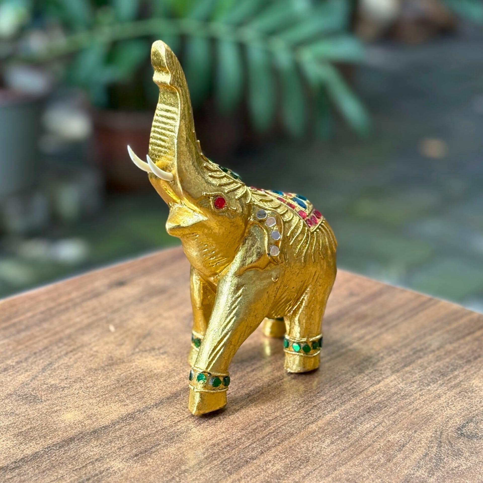 Golden Elephant Figurine, Thai Handcrafted Decor: Jeweled Lucky Elephant Statue, Cultural Home Accent