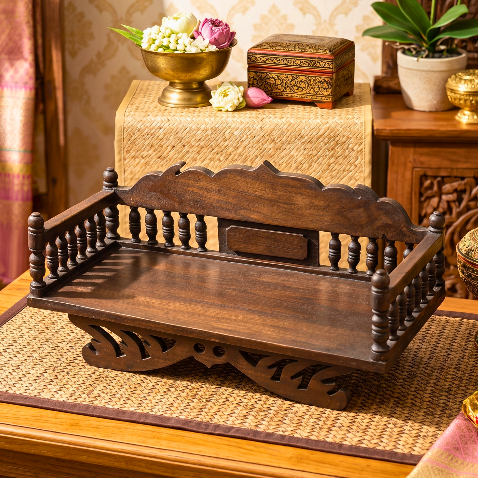 Handcrafted Teak Wood Spiritual Altar, 16 Inch Mudra Display Stand, Housewarming Gift for Minimalist