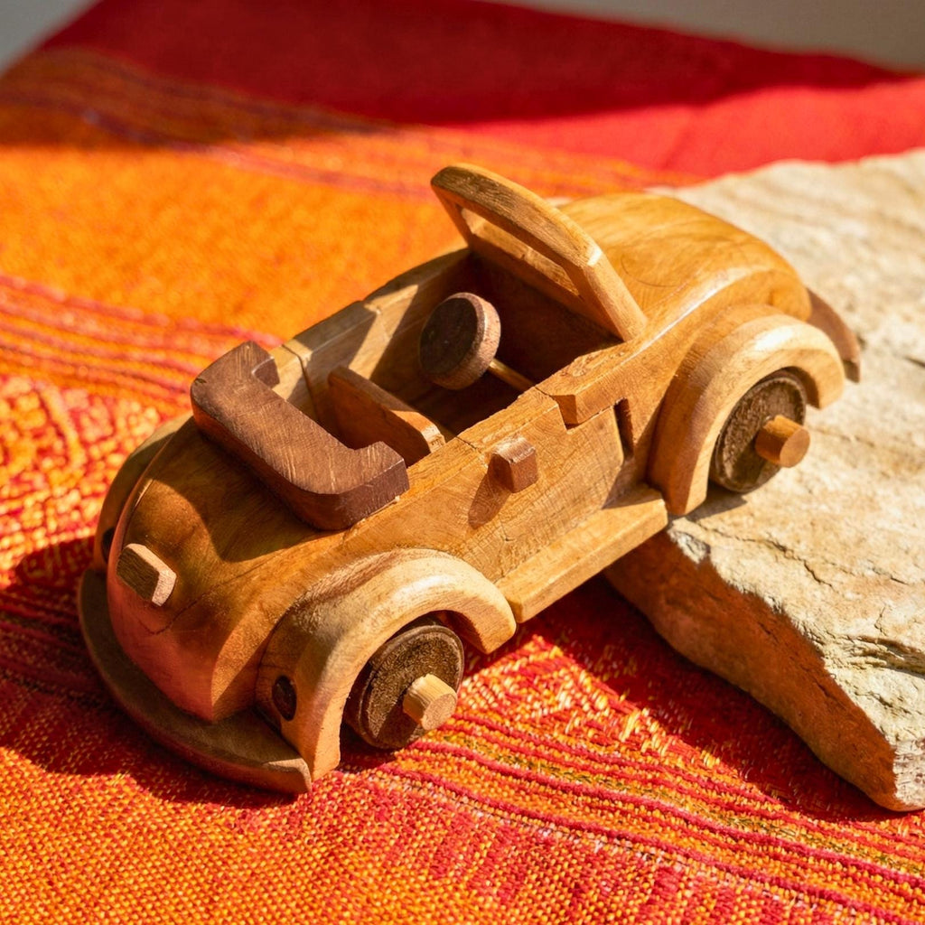 Hand Carved Wood Model Beetle Car: Vintage Automobile Desk Decor