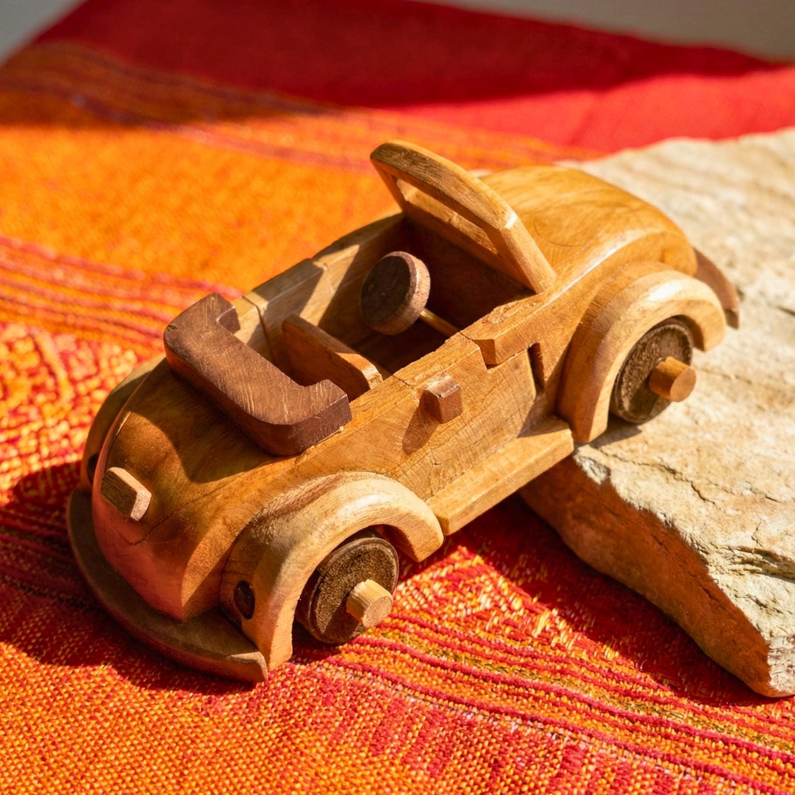 Hand Carved Wood Model Beetle Car: Vintage Automobile Desk Decor