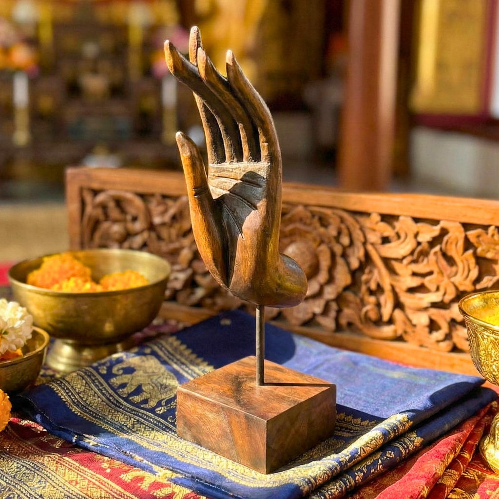Hand Carved Wood Mudra Sculpture: Abhaya Gesture, Vintage Zen Decor Gift