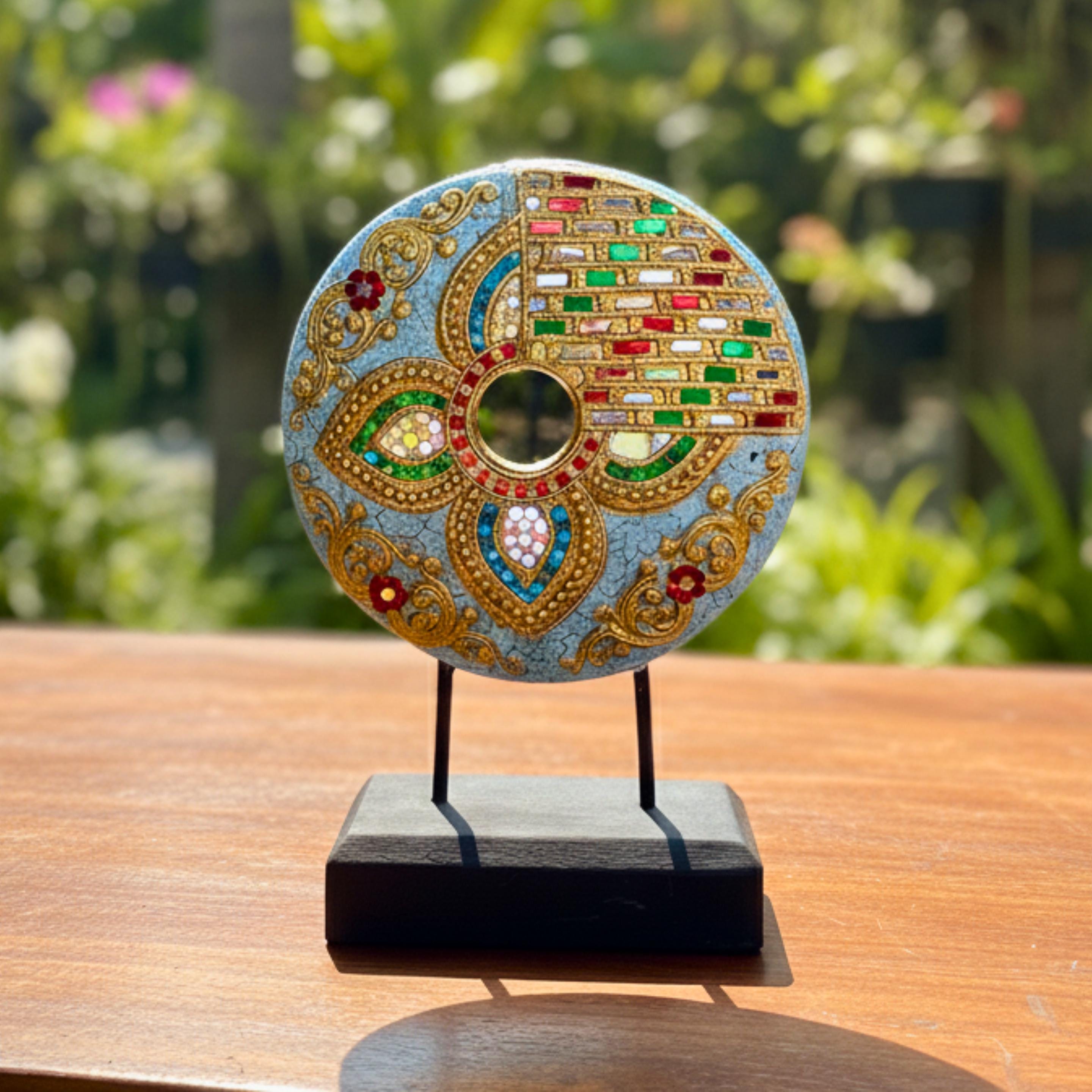 Handcrafted Mandala Disc on Stand (Floral): Thai Wood Sculpture Zen Decor