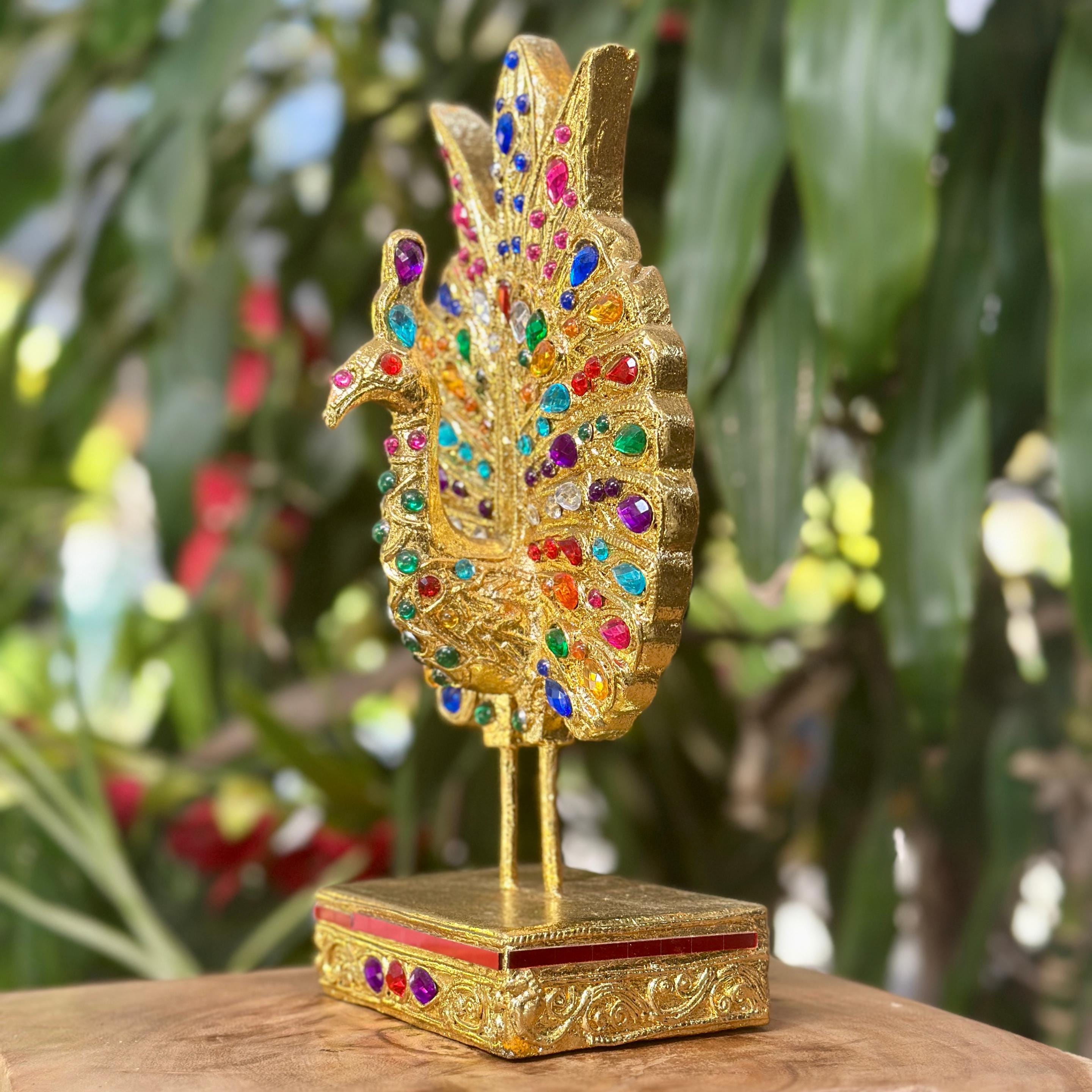Jeweled Golden Peacock Figurine: Ornate Thai Home Decor
