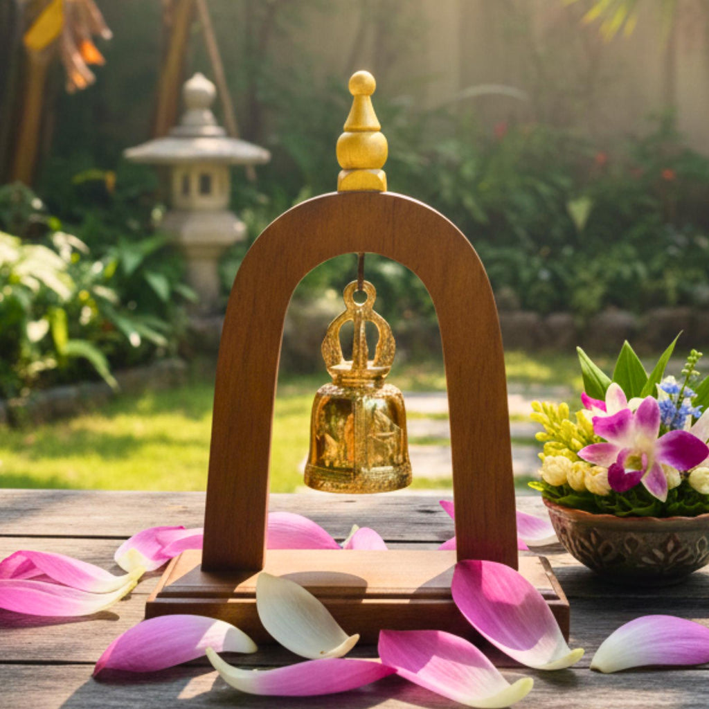 Handcrafted Wood Arch Bell Stand: Golden Temple Bell Meditation Decor
