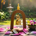 Handcrafted Wood Arch Bell Stand: Golden Temple Bell Meditation Decor - Siam Wood Artisans