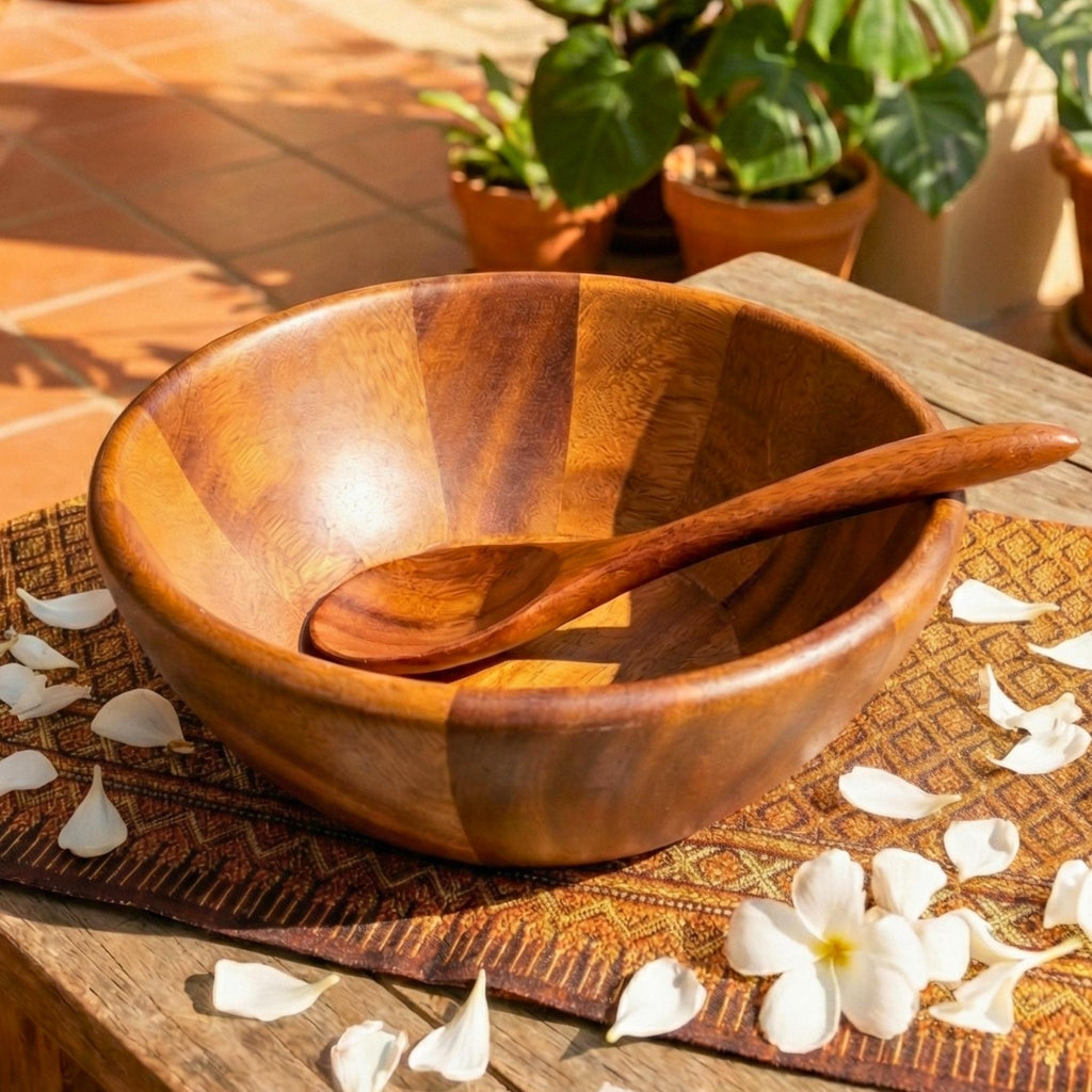 Hand Carved Acacia Wood Bowl & Spoon Set: Rustic Cereal and Soup Bowl