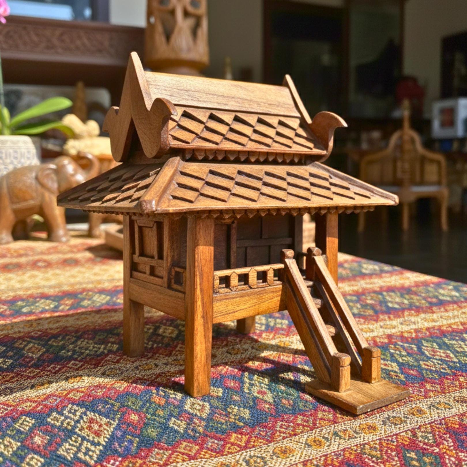 Hand Carved Teak Wood Spirit House: Traditional Thai Architectural Miniature