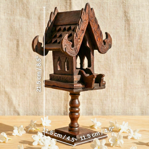 Hand Carved Teak Wood Spirit House Shrine on Pedestal: Thai Altar Decor