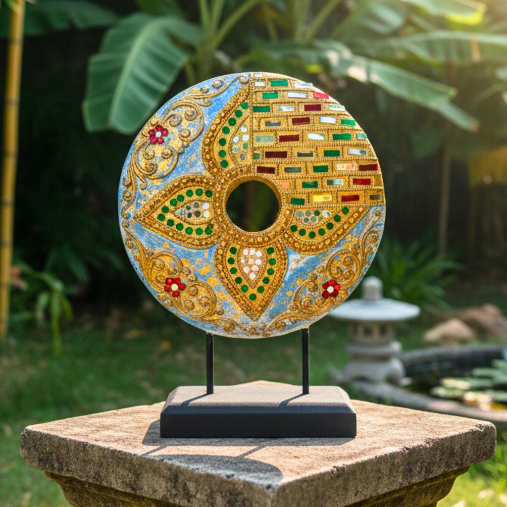Handcrafted Mandala Disc on Stand (Floral): Thai Wood Sculpture Zen Decor