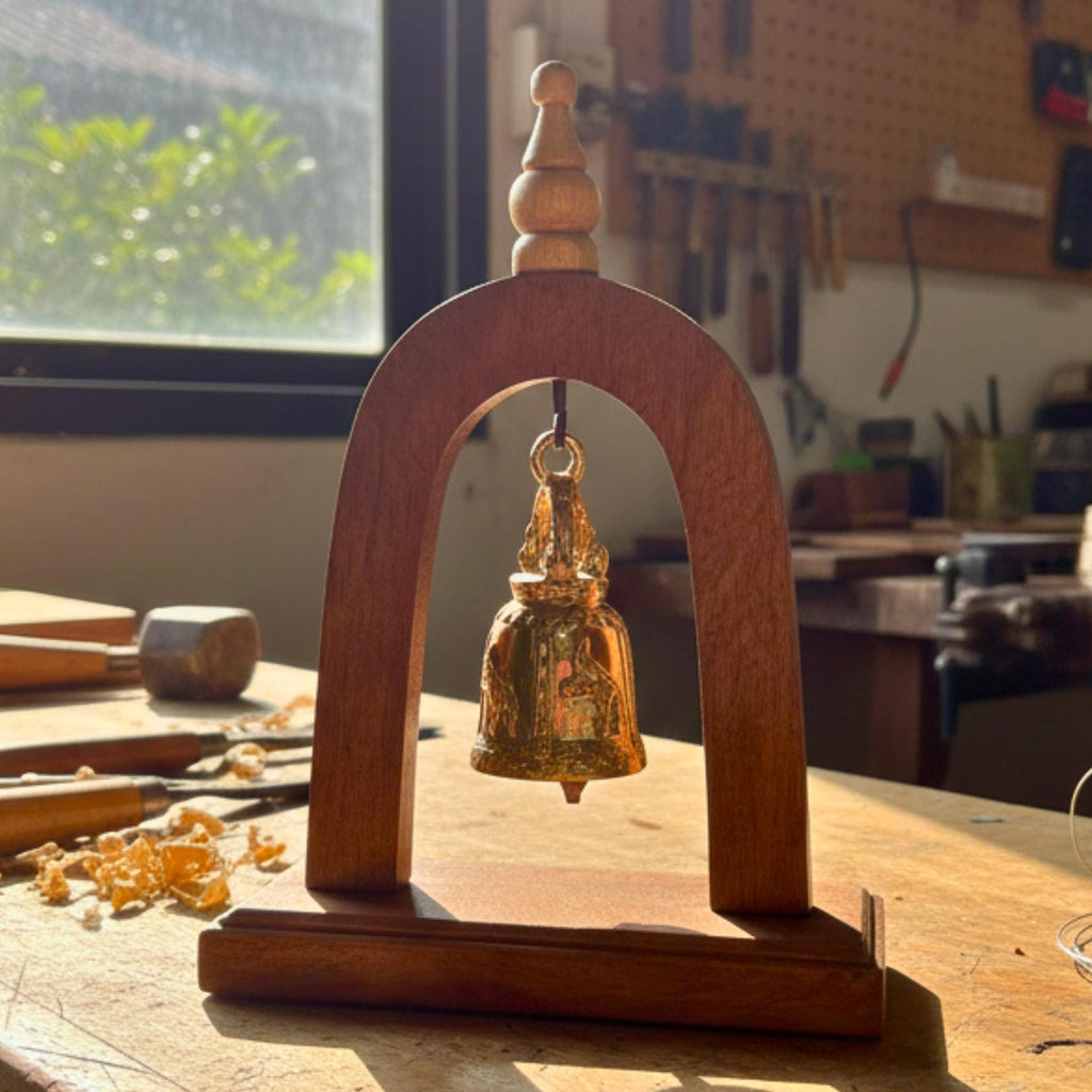 Handcrafted Wood Arch Bell Stand: Golden Temple Bell Meditation Decor