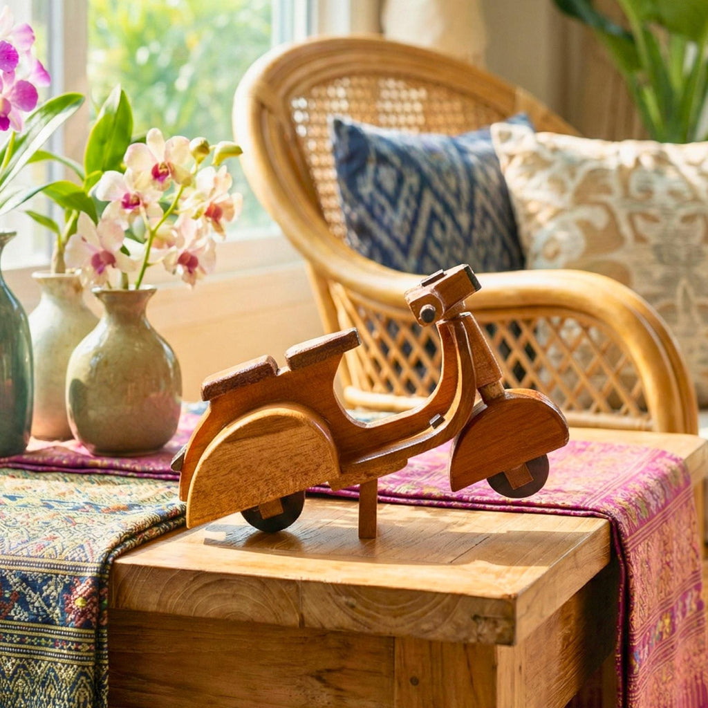 Hand Carved Wood Model Scooter Motorbike: Vintage Retro Desk Decor