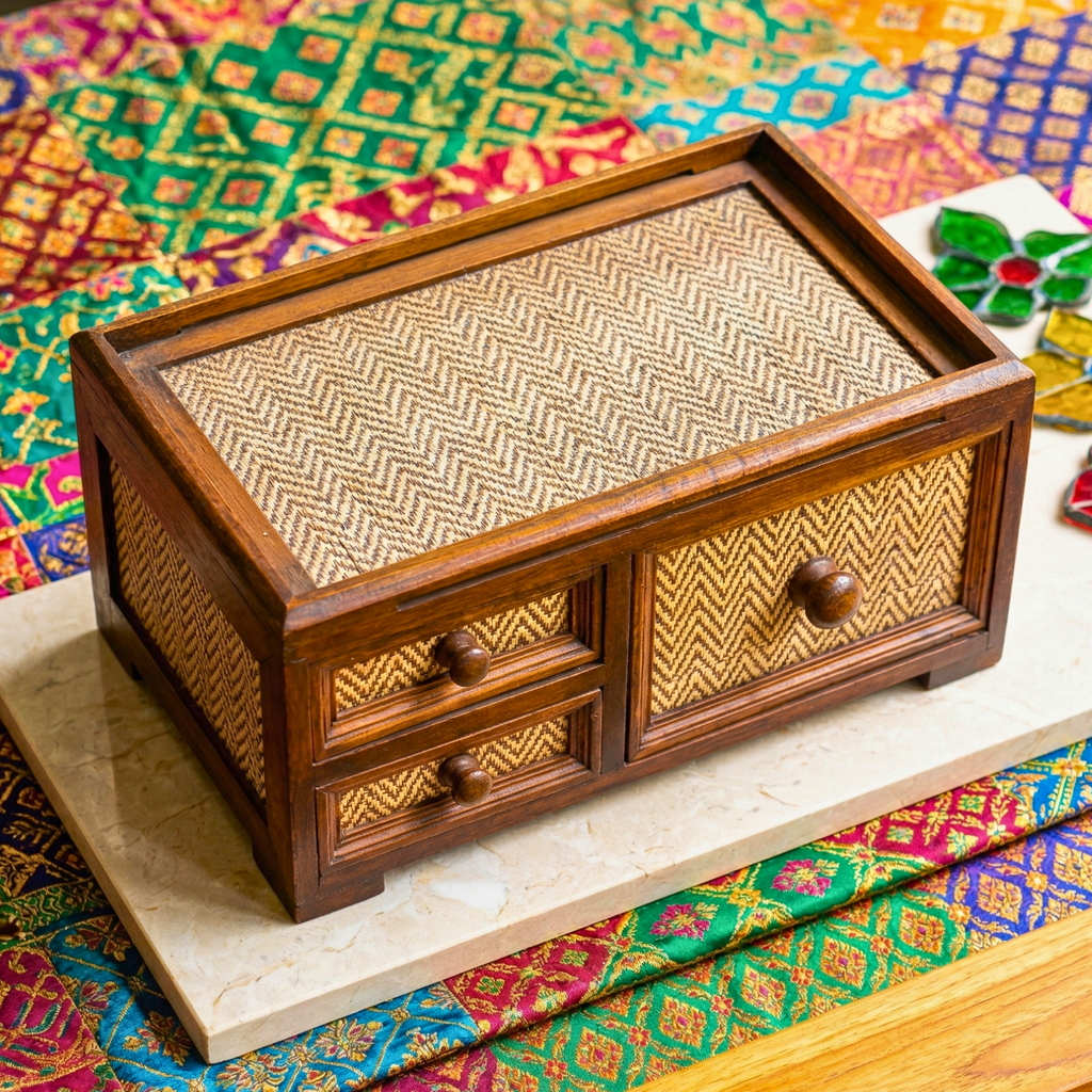 Storage Drawers Teak Wood Rattan 14 Inch Jewelry Organizer Housewarming Gift for Minimalist