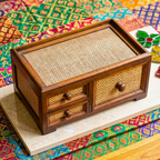 Storage Drawers Teak Wood Rattan 14 Inch Jewelry Organizer Housewarming Gift for Minimalist - Siam Wood Artisans