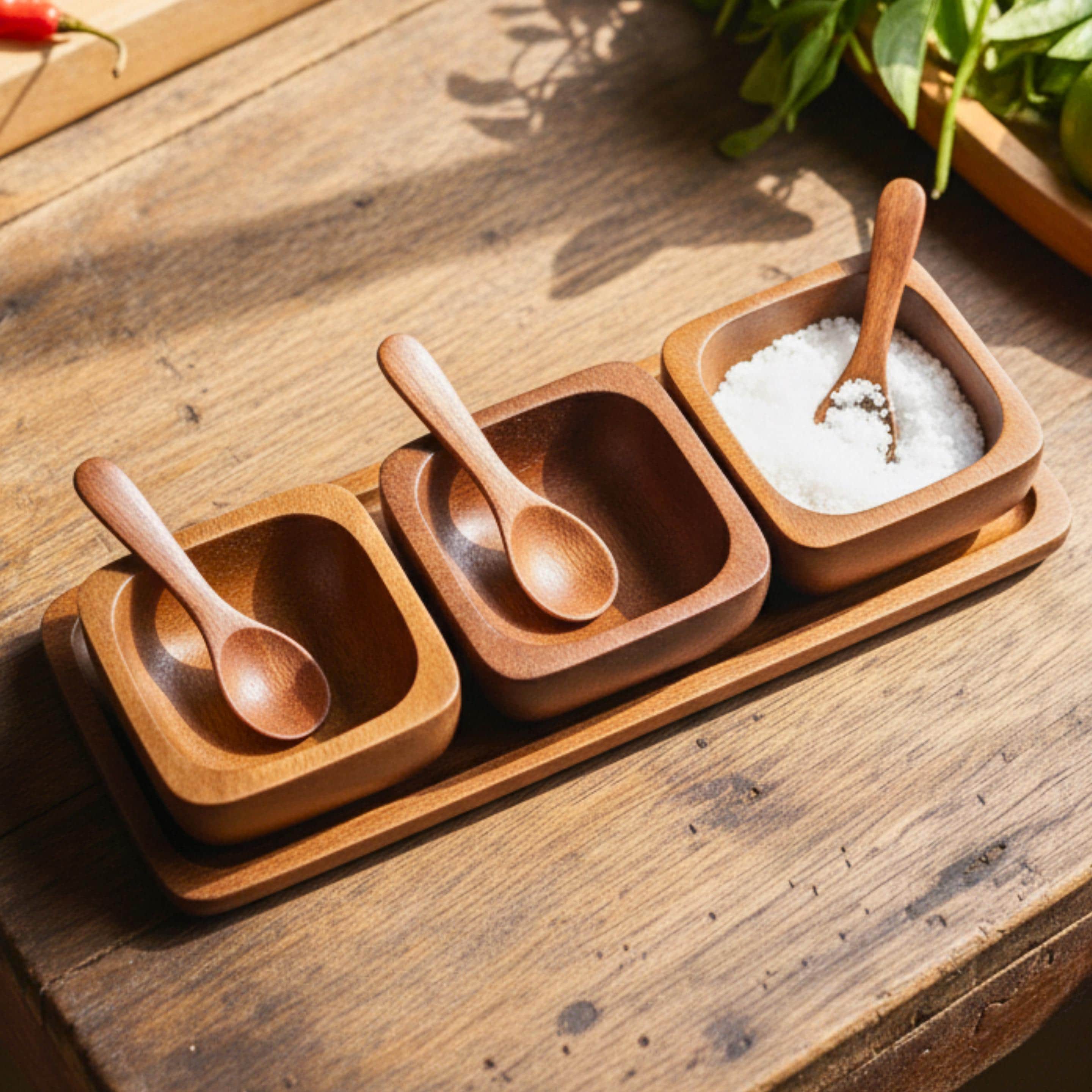 Hand Carved Wood Condiment Set of 3: Thai Tableware Serving Dishes
