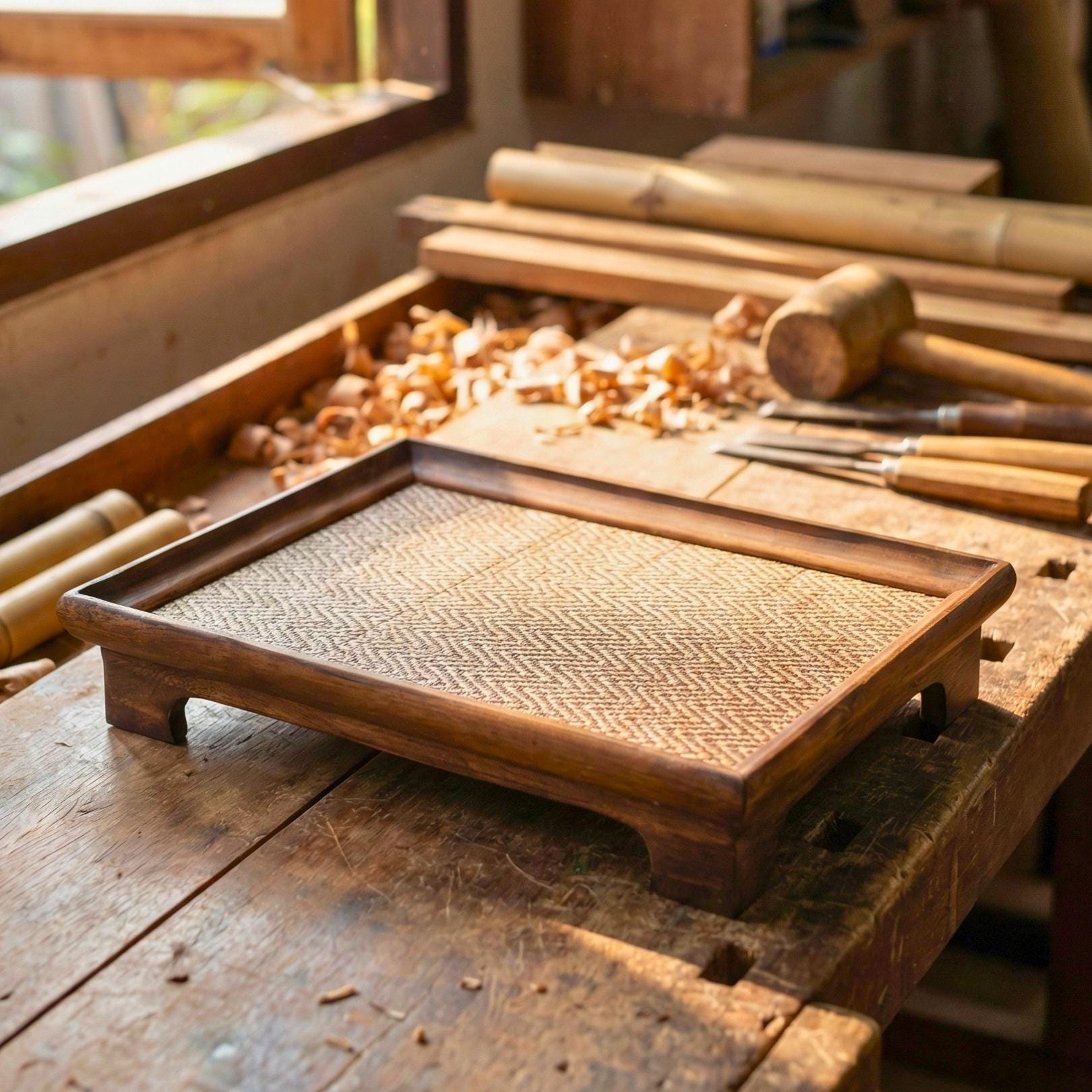 Handcrafted Hardwood Serving Tray: Woven Rattan Elevated Riser for Serving & Tea Set Display