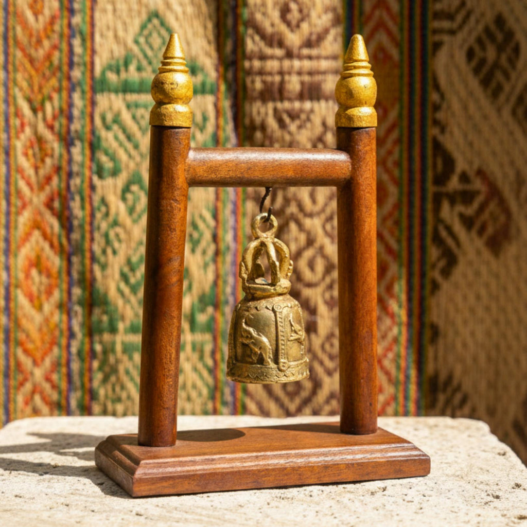 Hand Carved Teak Wood Single Bell Frame: Traditional & Serene Thai Altar Decor