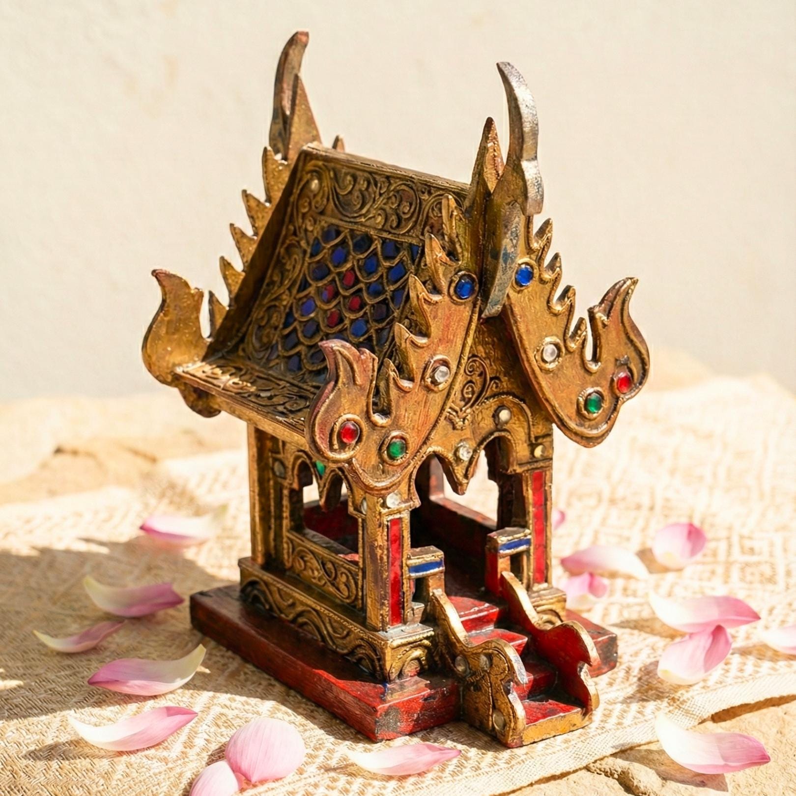 Hand Painted Thai Teak Wood Spirit House: Traditional Temple Shrine, Folk Art