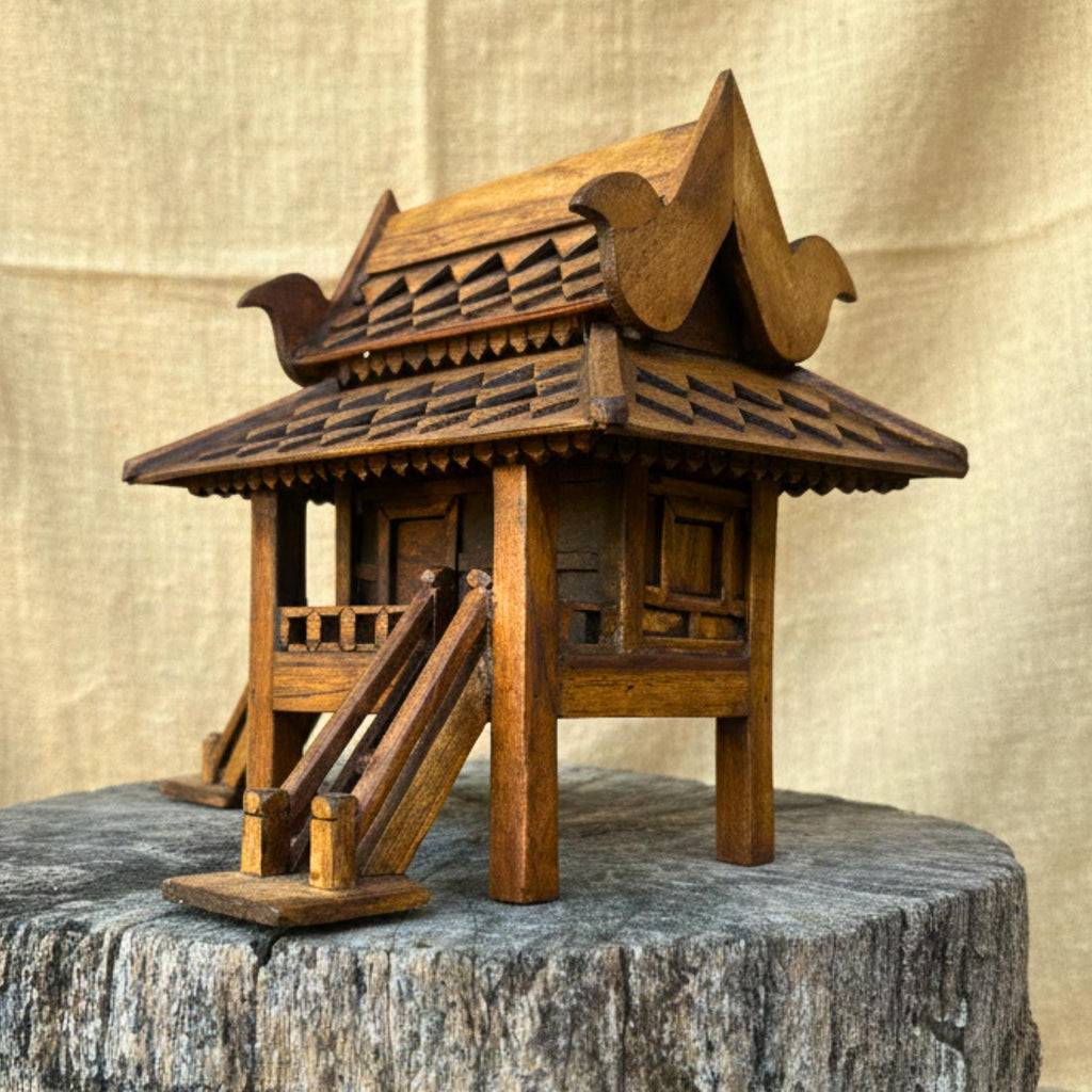 Hand Carved Teak Wood Spirit House: Traditional Thai Architectural Miniature