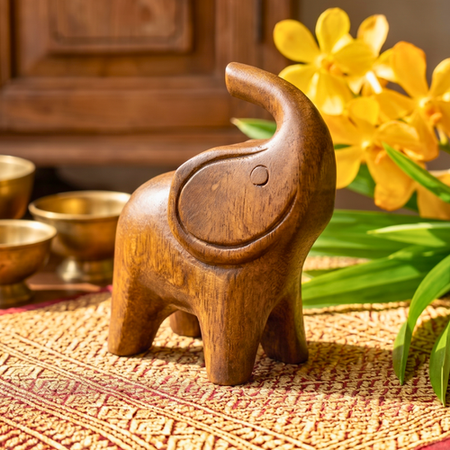 Acacia Wood Elephant Figurine, 4 Inch Lucky Animal Statue, Housewarming Gift for Minimalist - Siam Wood Artisans