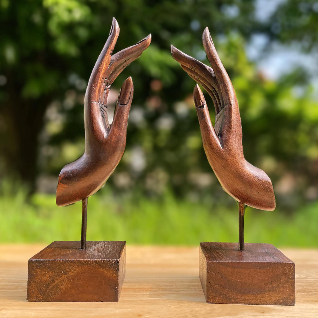 Hand Carved Wood Mudra Sculpture Set of 2: Abhaya Inspired Thai Decor