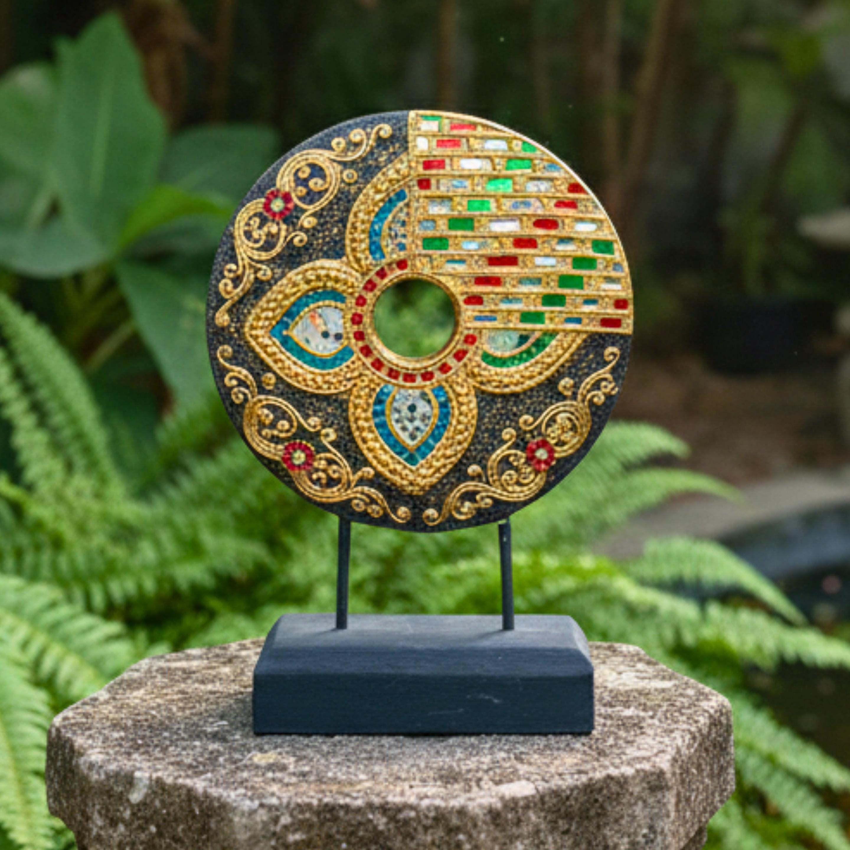 Handcrafted Mandala Disc on Stand (Floral): Thai Wood Sculpture Zen Decor