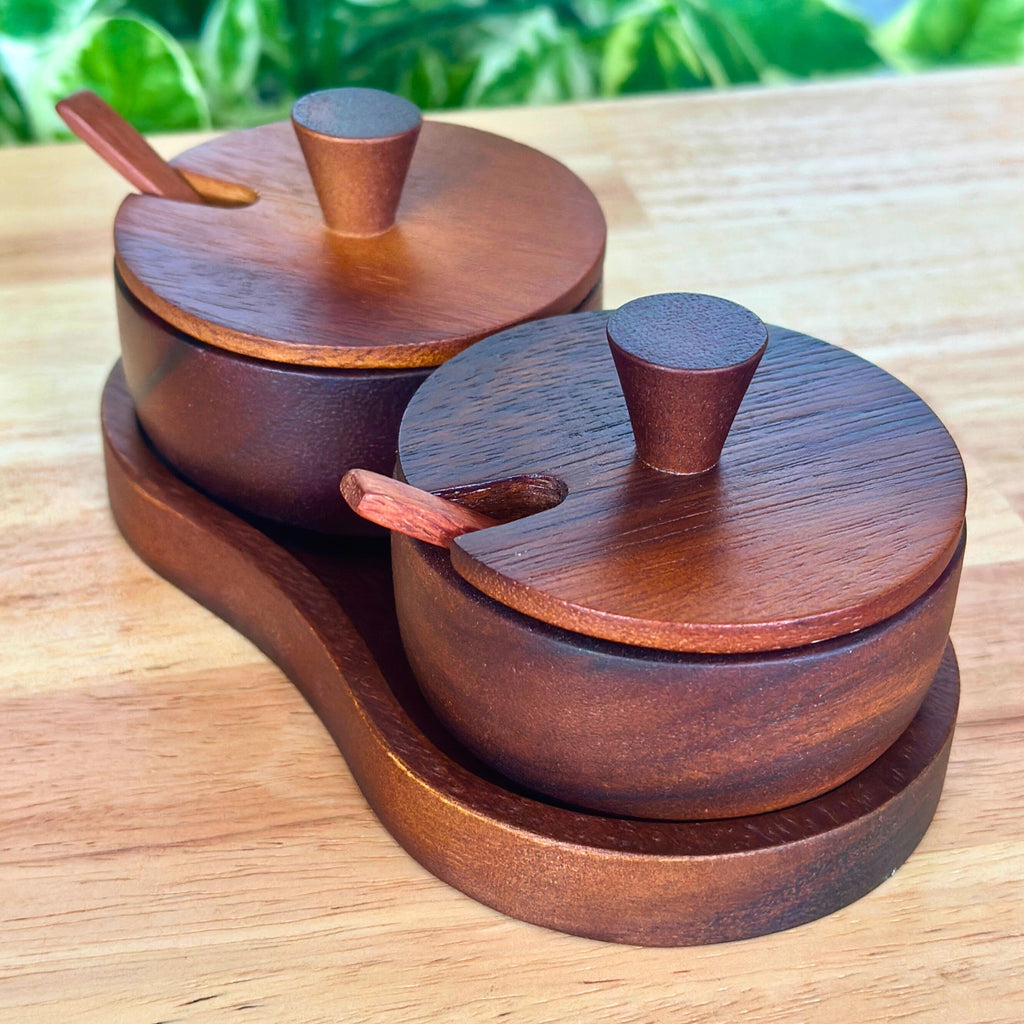 Hand Carved Wood Spice and Condiment Set: Salt, Sugar, and Pepper Server