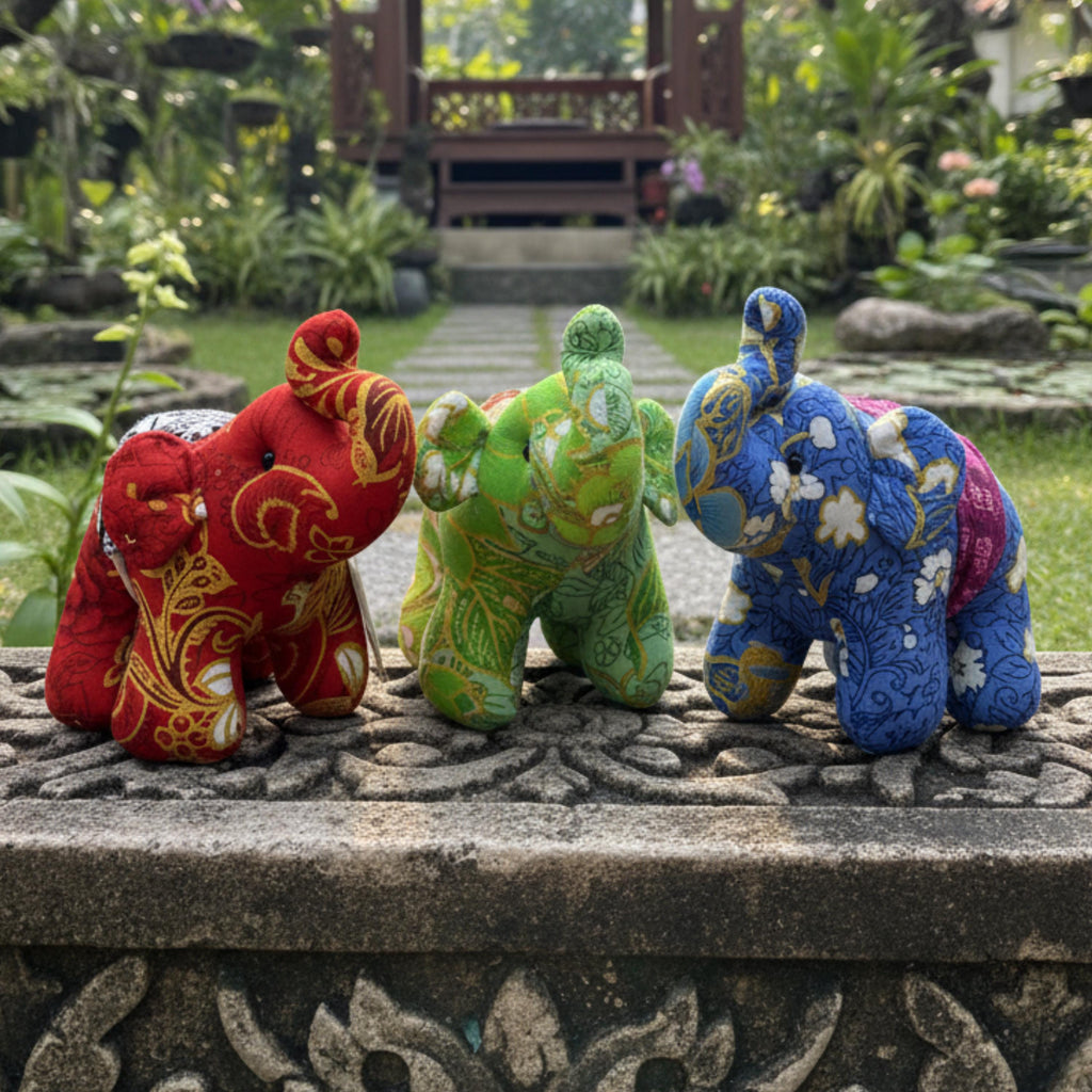 Plush Elephant Figurine Set of 3: Thai Fabric Home Decor Trio