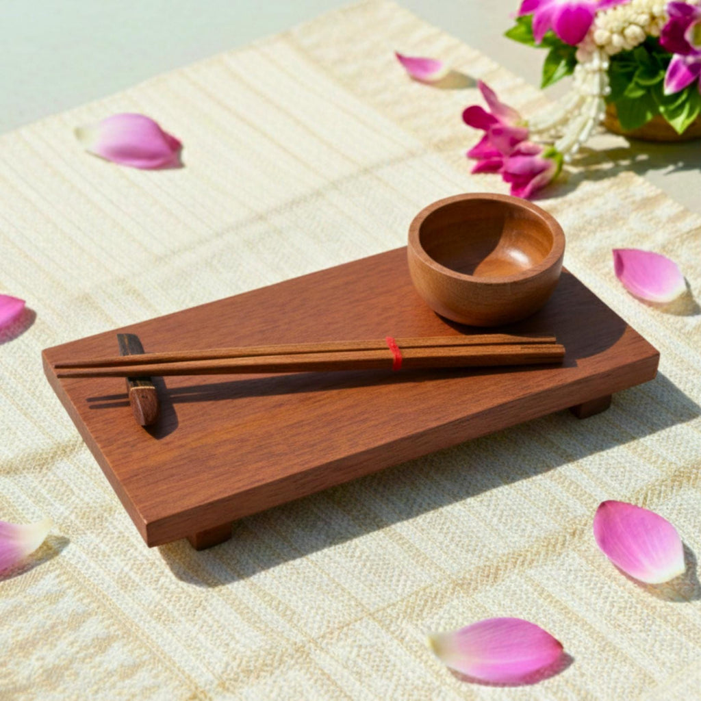 Hand Carved Wood Sushi Serving Platter: Warm Tone Asian Fusion Tableware
