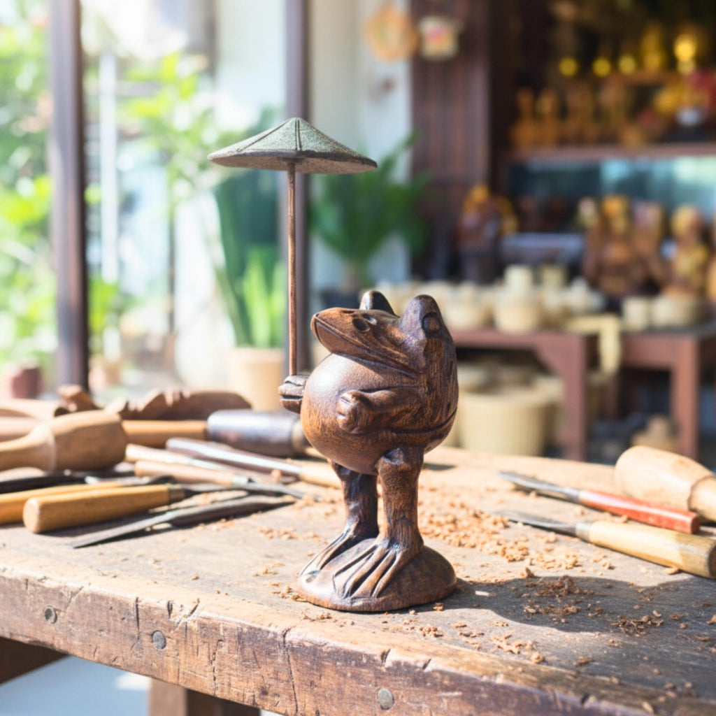 Hand Carved Wooden Frog Figurine: Unique Animal Statue Home Decor