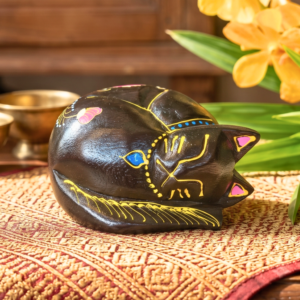 Teak Wood Sleeping Cat Figurine, 5 Inch Curled Animal Statue, Housewarming Gift for Cat Lover - Siam Wood Artisans