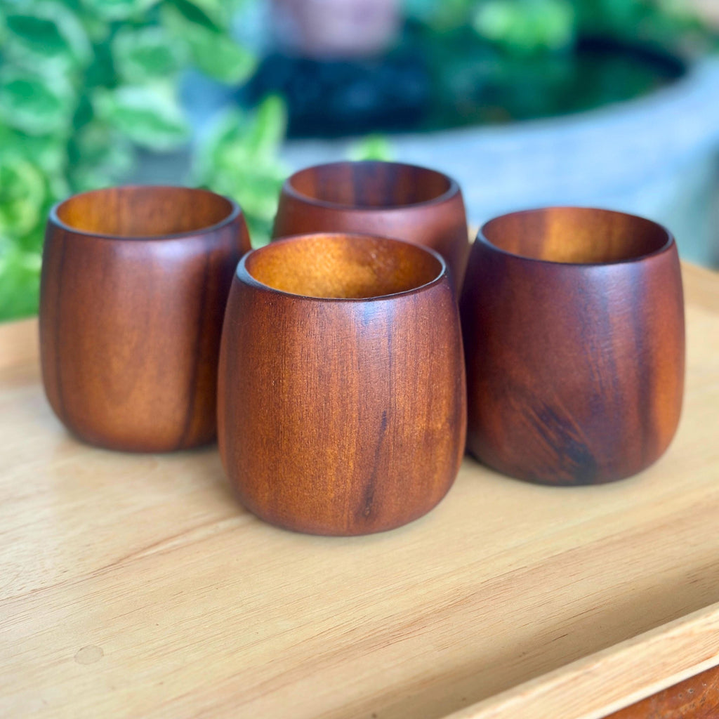 Hand Carved Wood Drinking Cups: Set of 4 Coffee & Tea Tableware