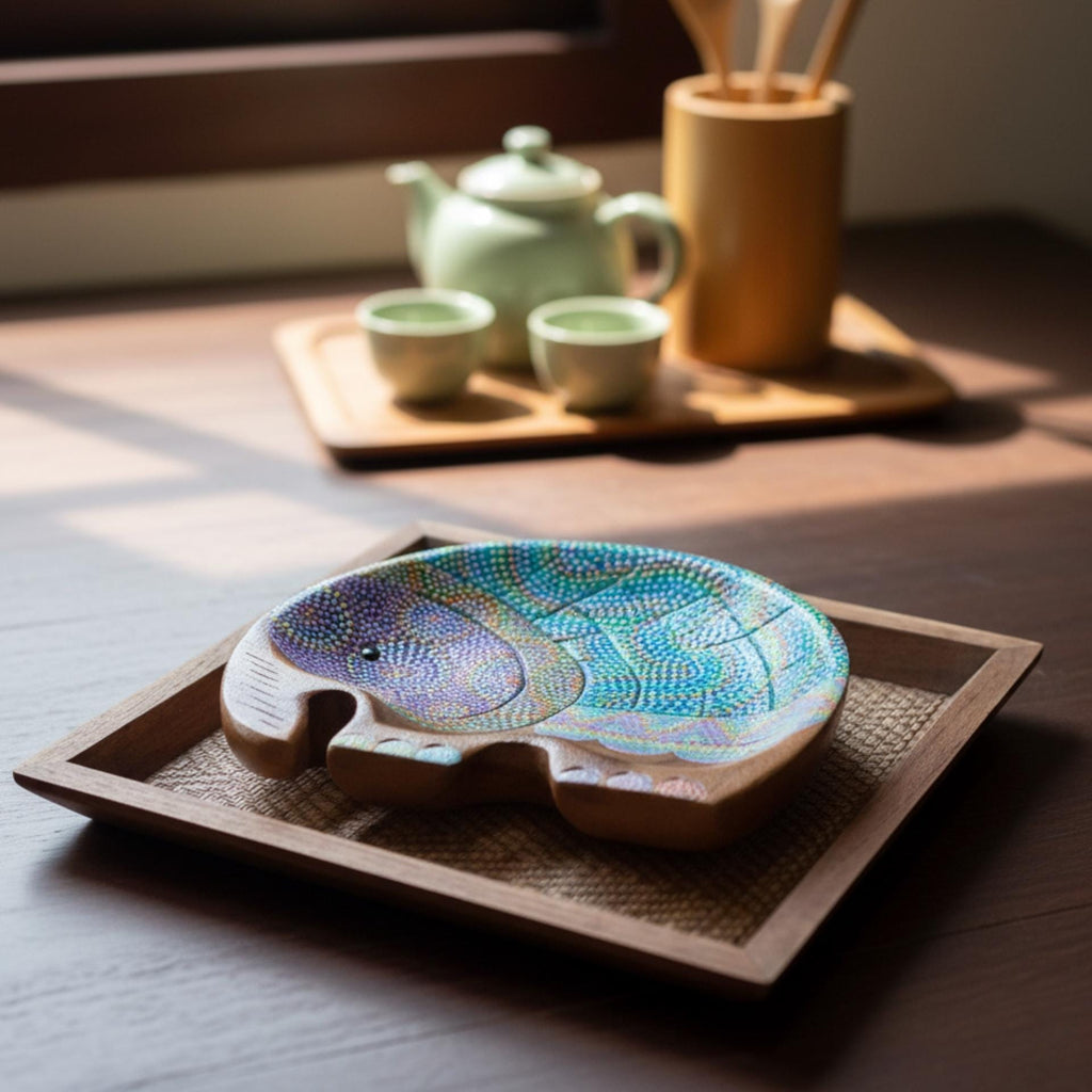 Hand Painted Wooden Elephant Plate Set of 2: Thai Folk Art Decor
