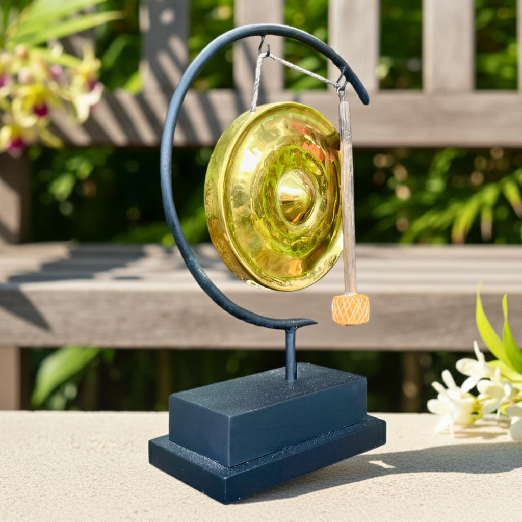 Minimalist Metal Gong on Stand: Golden Brass Zen Decor
