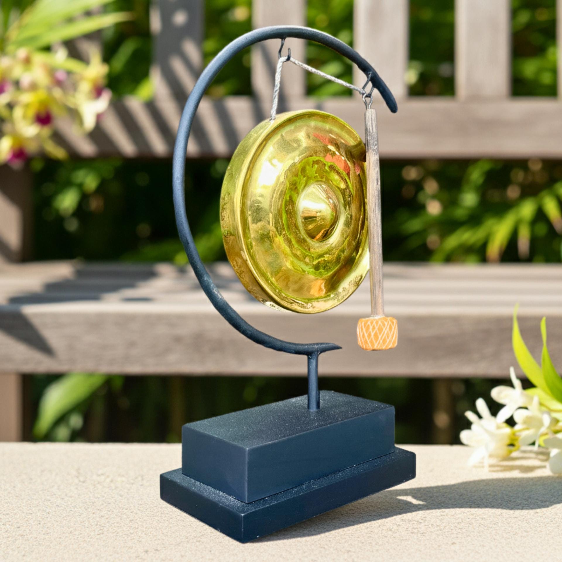 Minimalist Metal Gong on Stand: Golden Brass Zen Decor