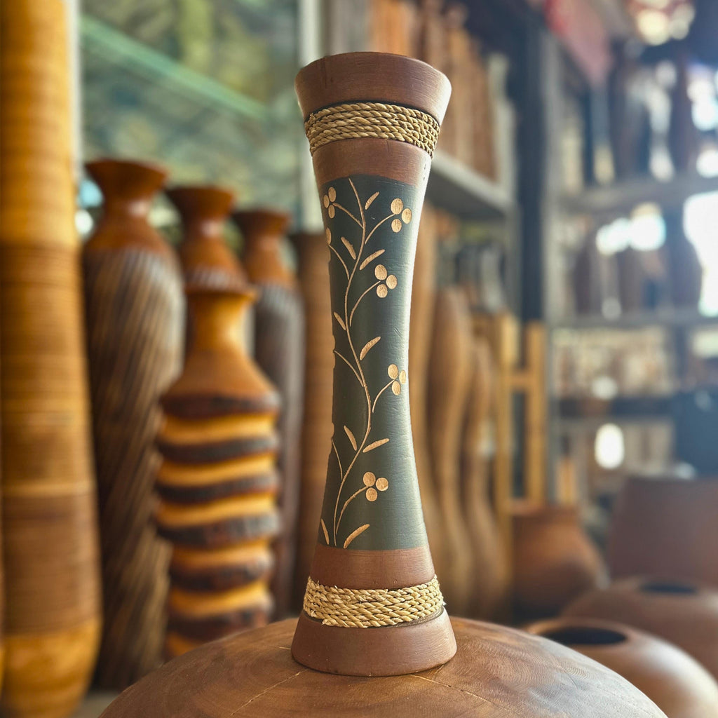 Hand Carved Wooden Floor Vase: Tall Thai Rustic Boho Entryway Accent Decor