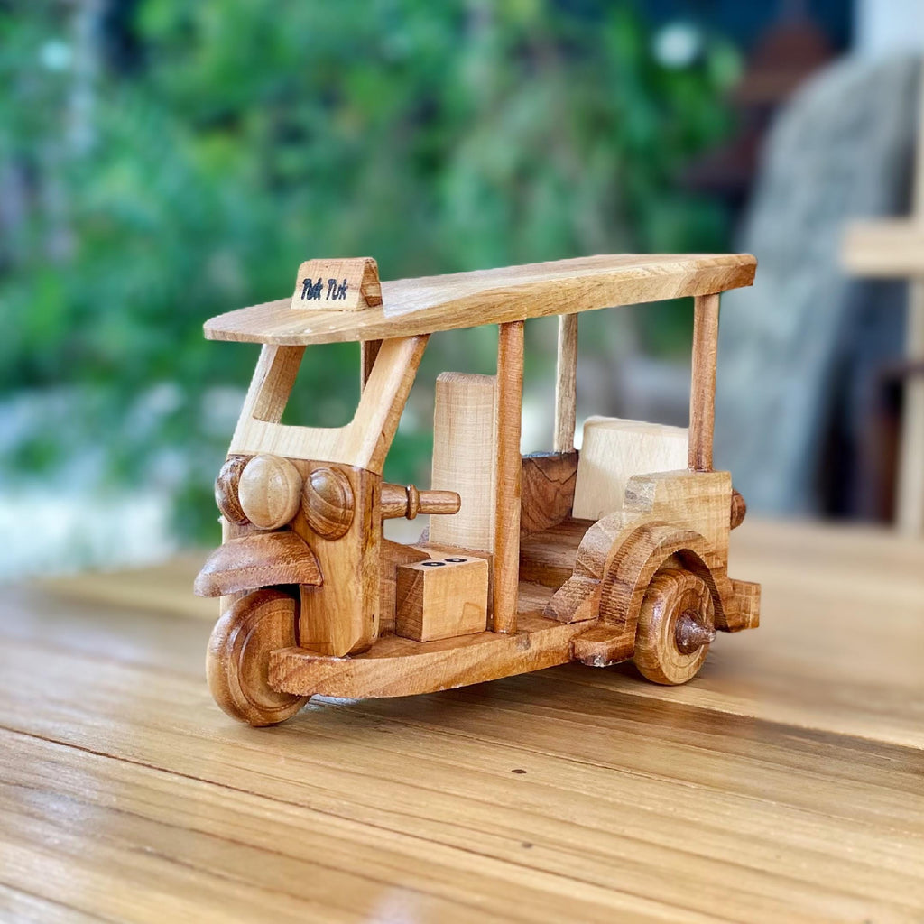 Classic Wooden Tuk Tuk Decor Hand Carved Wood Car Model Thai Gift (M)