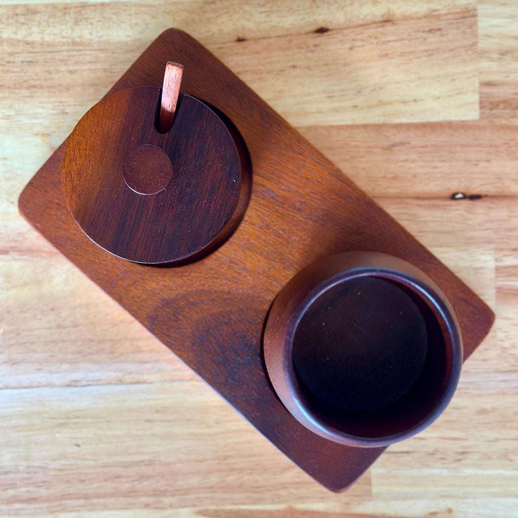 Hand Carved Wood Sugar Bowl & Tumbler Set: Coffee Bar Serving Tray
