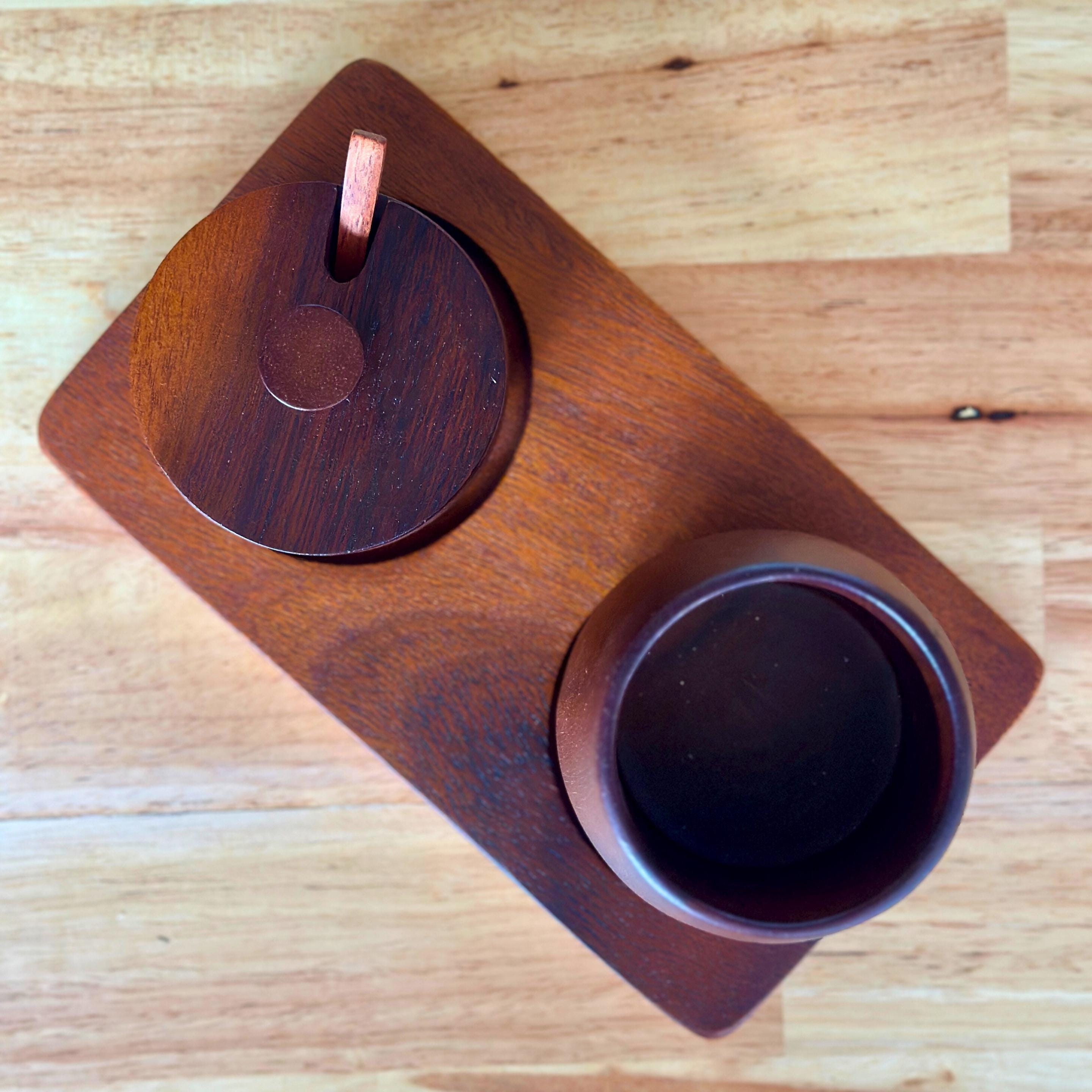 Hand Carved Wood Sugar Bowl & Tumbler Set: Coffee Bar Serving Tray
