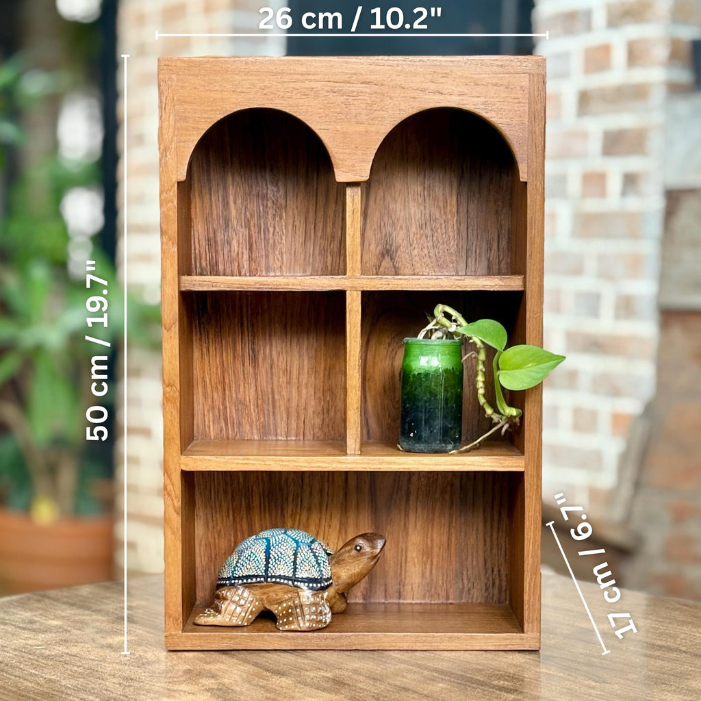 Teak Wood Arched Wall Shelf: Thai Niche Display with Mini Vessels