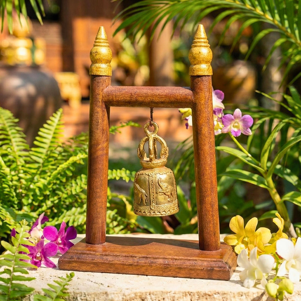 Hand Carved Teak Wood Single Bell Frame: Traditional & Serene Thai Altar Decor