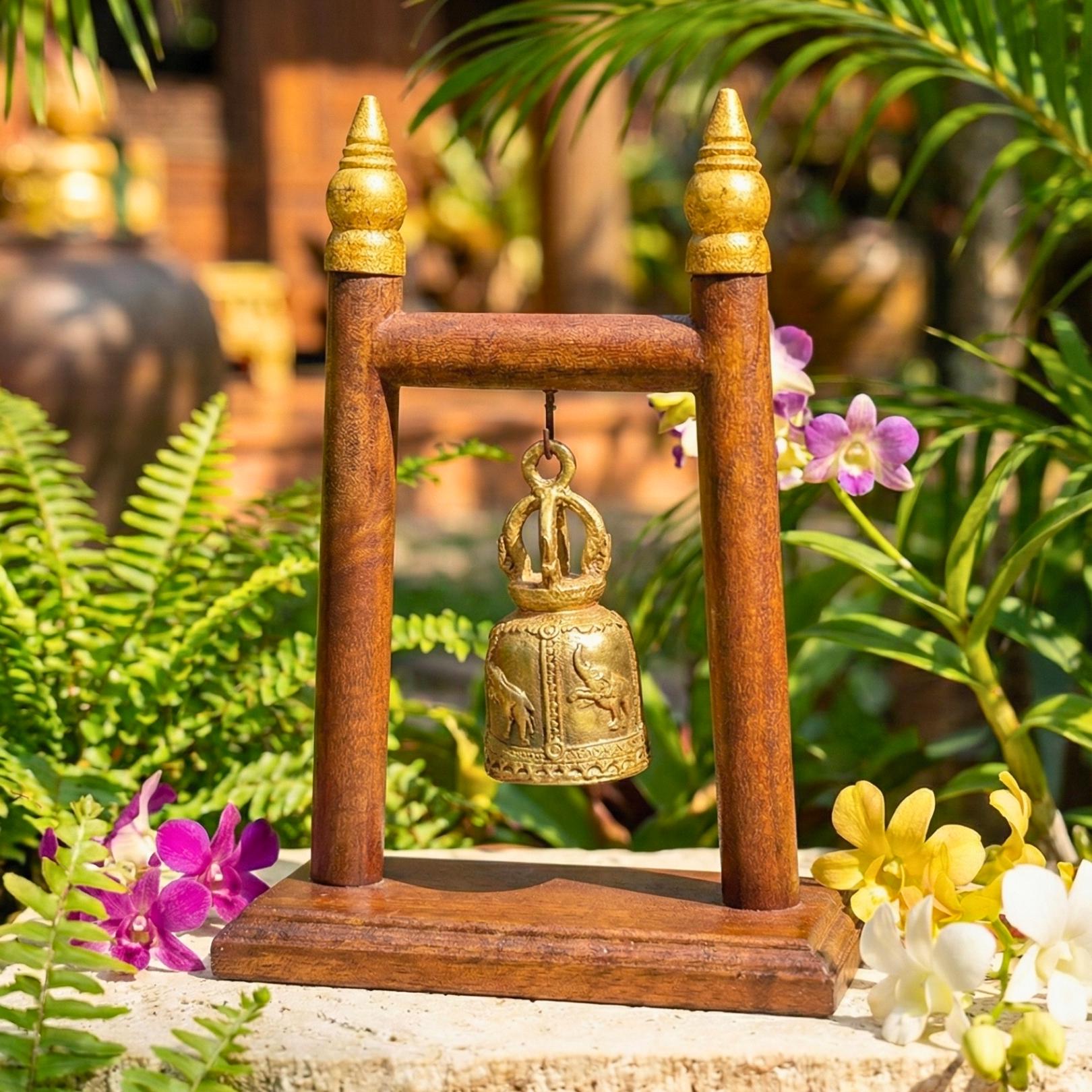 Hand Carved Teak Wood Single Bell Frame: Traditional & Serene Thai Altar Decor