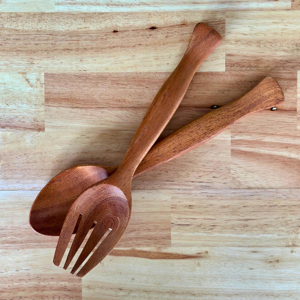 Hand Carved Wood Salad Tongs Serving Set: Rustic Upcycled Kitchen Utensils