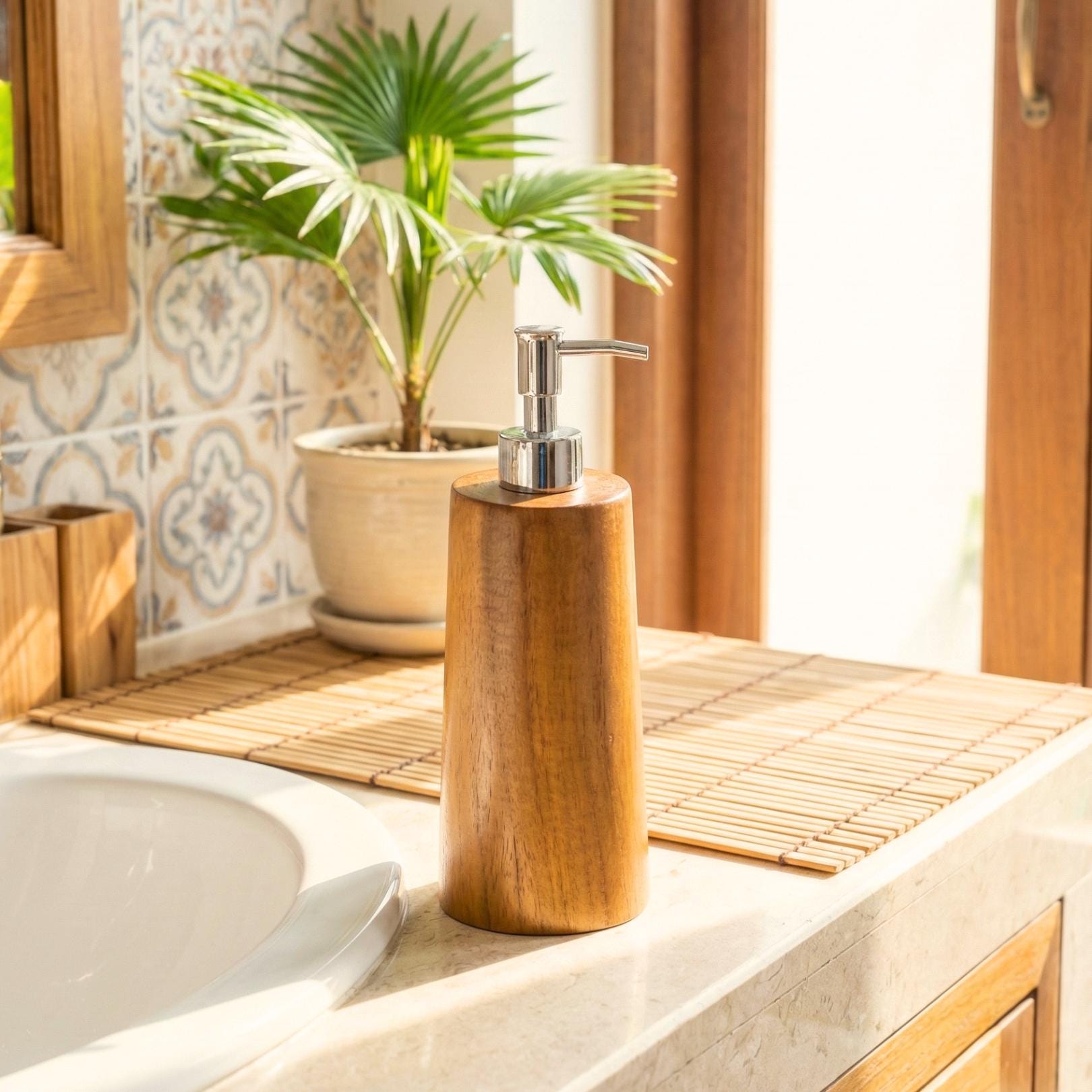 Hand Carved Teak Upcycled Wood Soap Dispenser: Rustic Bathroom Decor