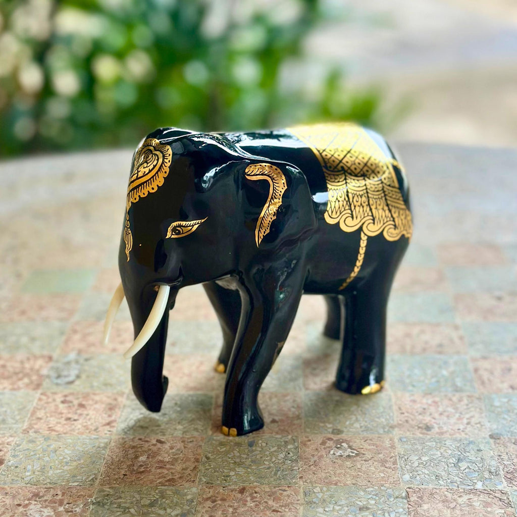 Hand Carved Black Lacquer Elephant Figurine Thai Wood Good Luck Statue Elephant Lover Gift