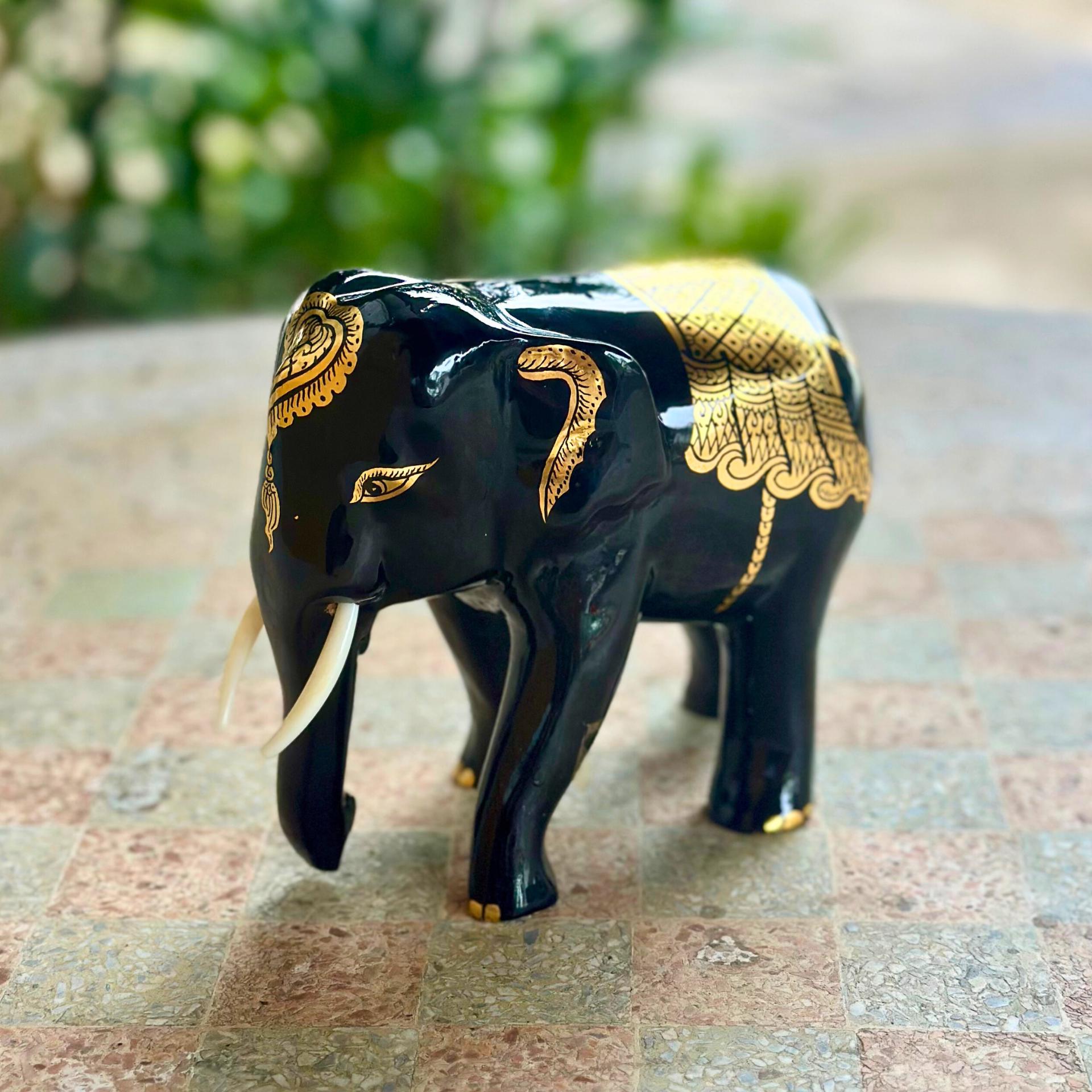 Hand Carved Black Lacquer Elephant Figurine Thai Wood Good Luck Statue Elephant Lover Gift