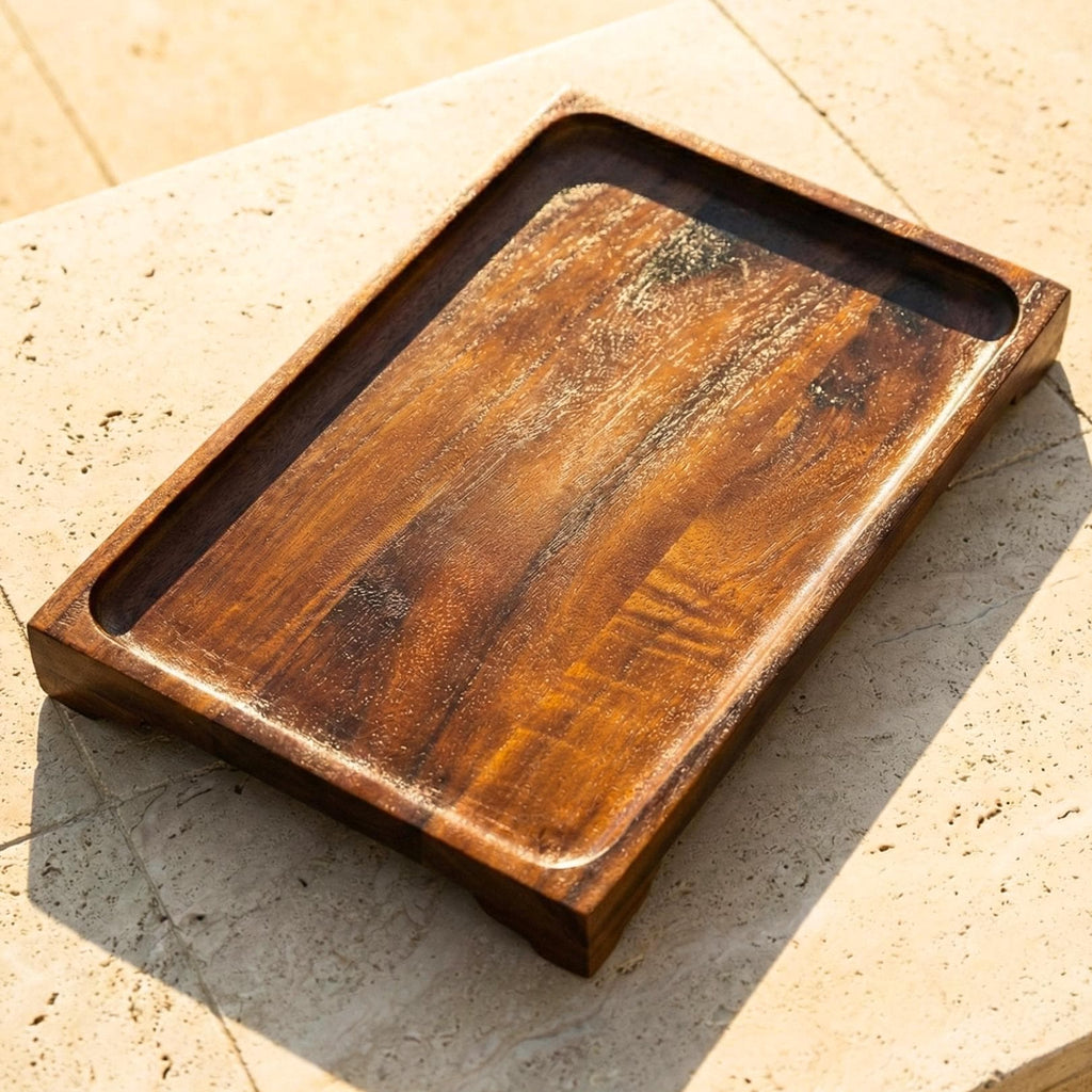 Large Hand Carved Teak Wood Serving Tray: Tea & Coffee Table Platter