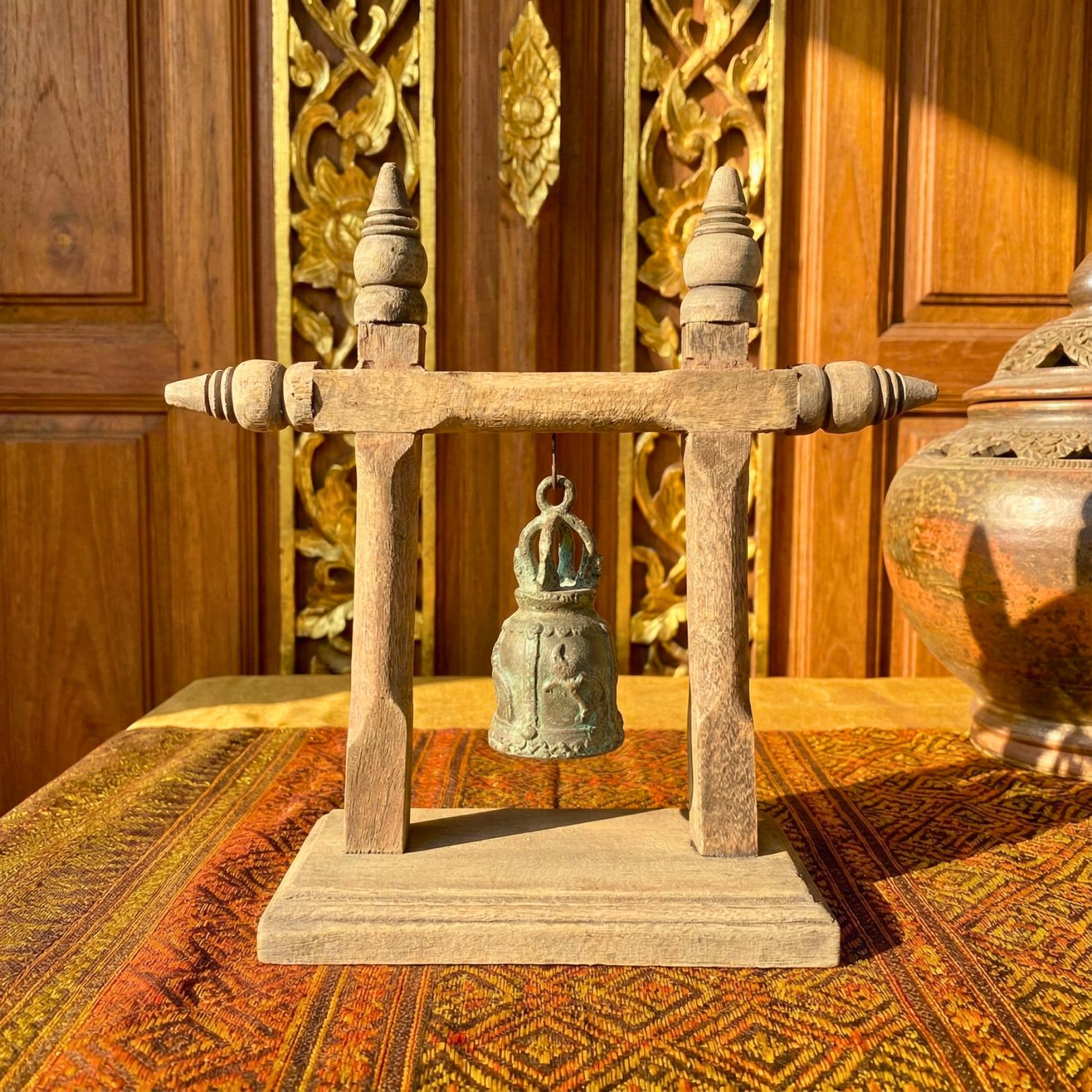 Handcrafted Wood Temple Bell on Stand: Rustic Meditation Decor