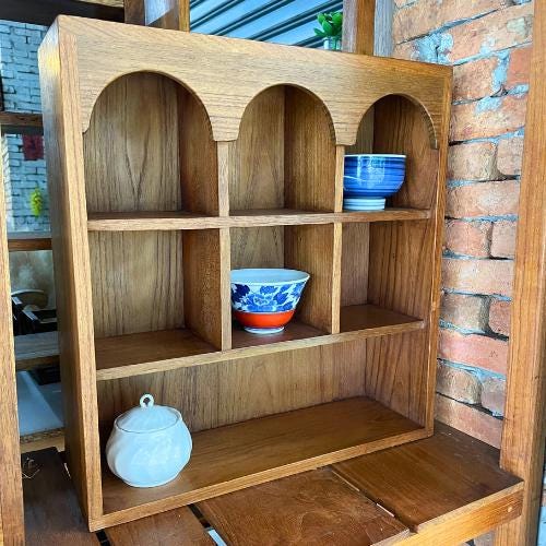 Teak Wood Arched Wall Shelf: Thai Niche Display with Mini Vessels