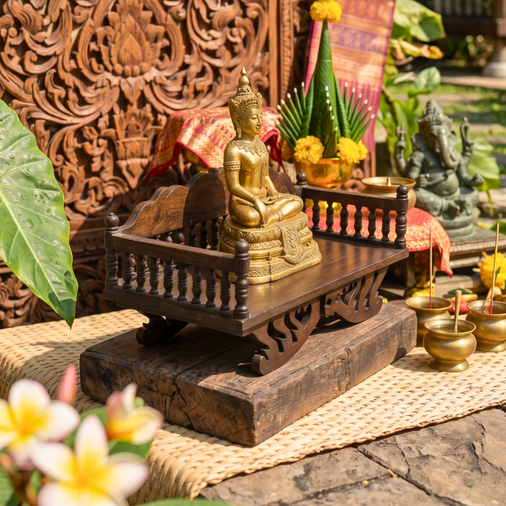 Handcrafted Teak Wood Spiritual Altar, 16 Inch Mudra Display Stand, Housewarming Gift for Minimalist